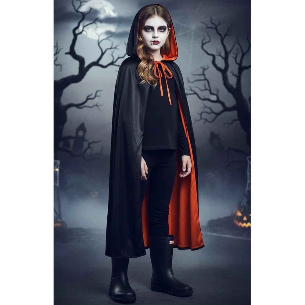NEW Kidsโ Black Red Vampire Dracula Cloak Hooded Cape Halloween Costume